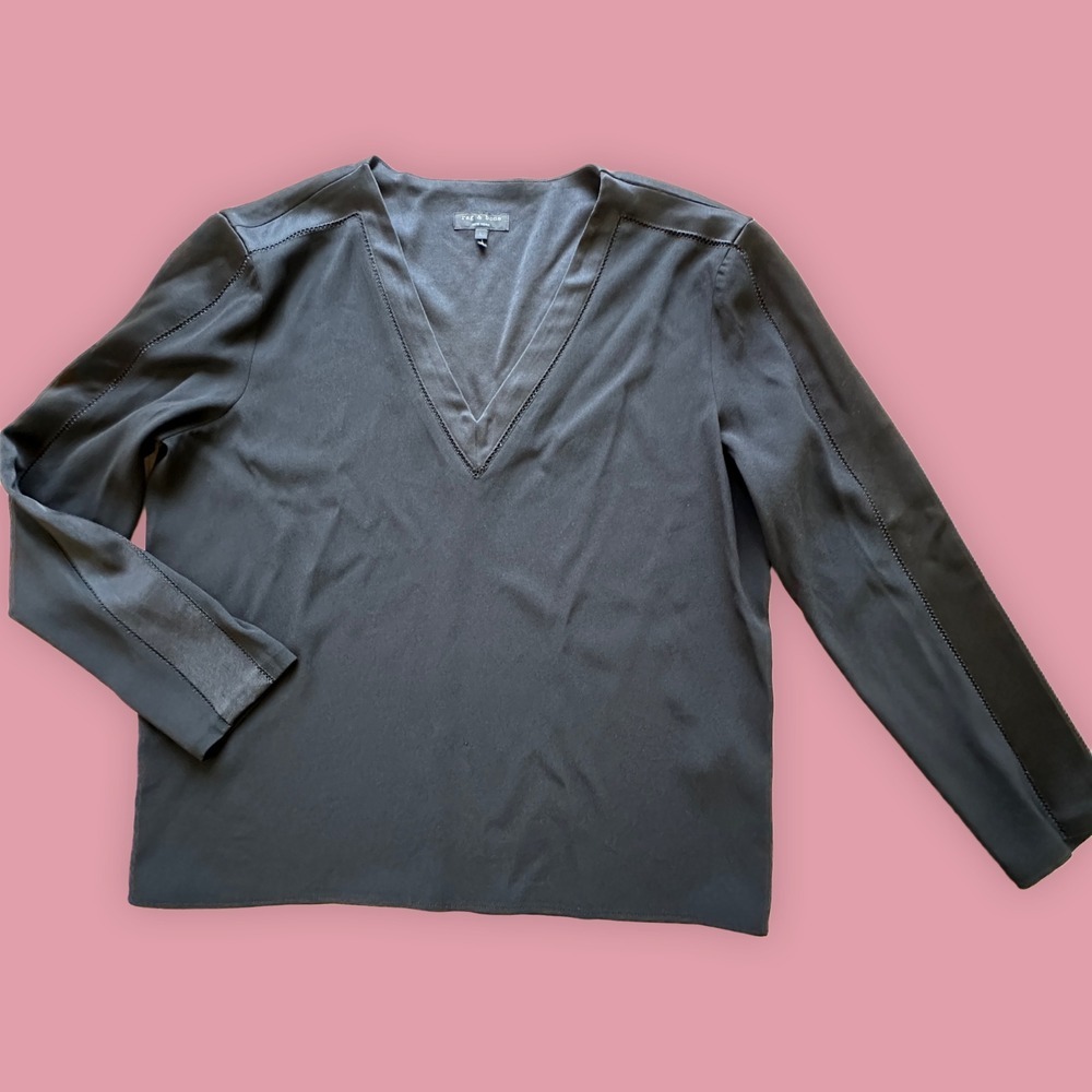 Rag‎ & Bone Blouse Top Long Sleeve V-Neck Hem Stitching Detail Women size L